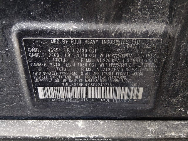 44288043 :رقم المزاد ، 4S4BRDLC8C2243278 vin ، 2012 Subaru Outback 3.6r Limited مزاد بيع