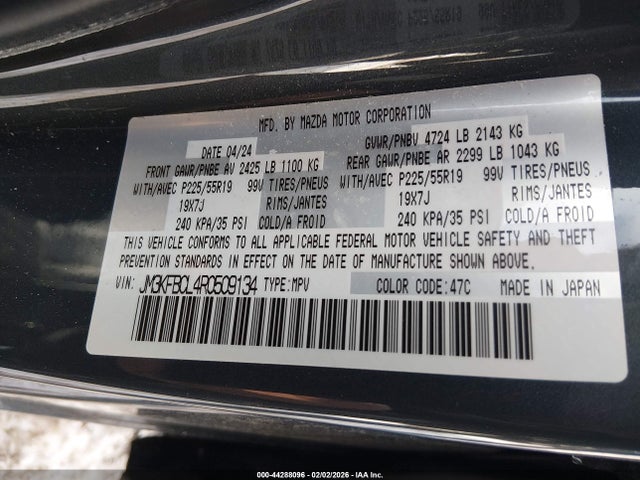 44288096 :رقم المزاد ، JM3KFBCL4R0509134 vin ، 2024 Mazda Cx-5 2.5 S Carbon Edition مزاد بيع