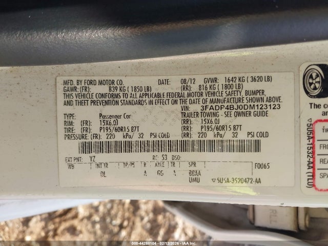 44288104 :رقم المزاد ، 3FADP4BJ0DM123123 vin ، 2013 Ford Fiesta Se مزاد بيع