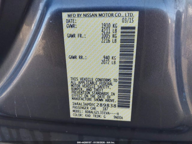 Nissan Altima 2.5 S 2015 1N4AL3AP0FC289838 Image 9