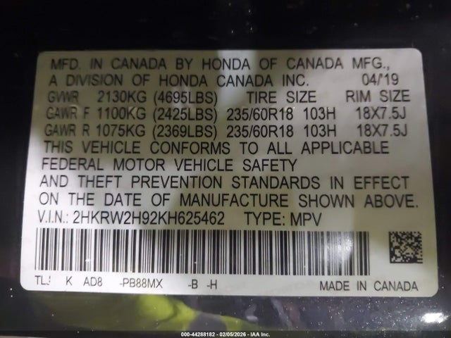 2019 Honda Cr-v Touring მანქანა იყიდება აუქციონზე, vin: 2HKRW2H92KH625462, აუქციონის ნომერი: 44288182