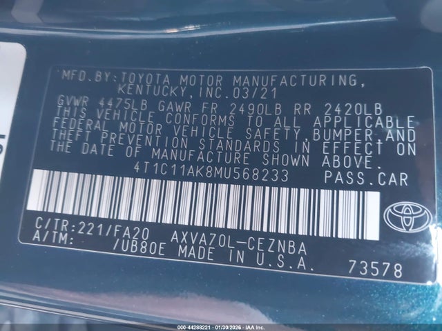 4T1C11AK8MU568233 Toyota CAMRY LE