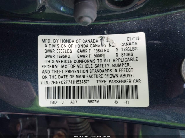 Honda CIVIC EX 2018 2HGFC2F74JH534571 Image 9
