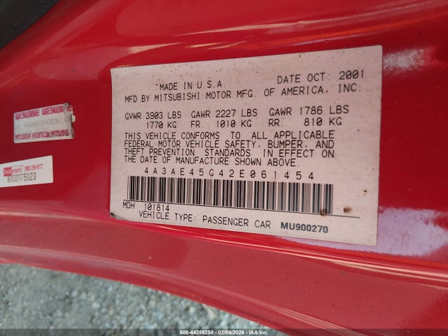 44288250 :رقم المزاد ، 4A3AE45G42E061454 vin ، 2002 Mitsubishi Eclipse Spyder Gs مزاد بيع