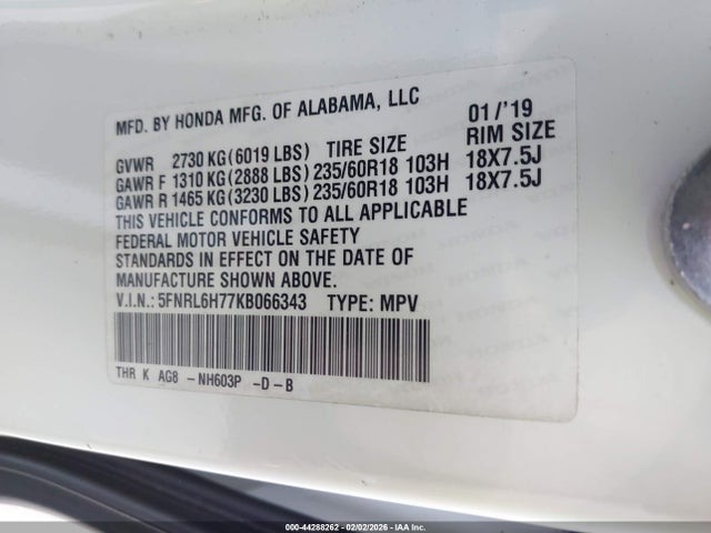 5FNRL6H77KB066343 Honda Odyssey Ex-l