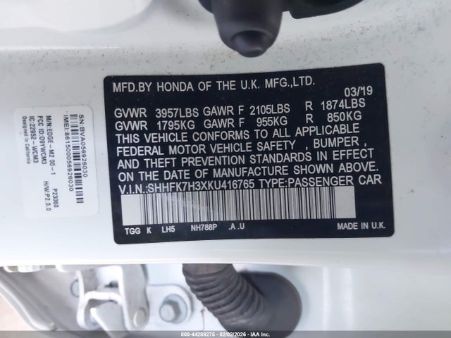 SHHFK7H3XKU416765 Honda Civic Lx