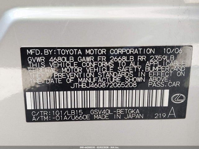 Продажа на аукционе авто 2007 Lexus Es 350, vin: JTHBJ46G872065208, номер лота: 44288335
