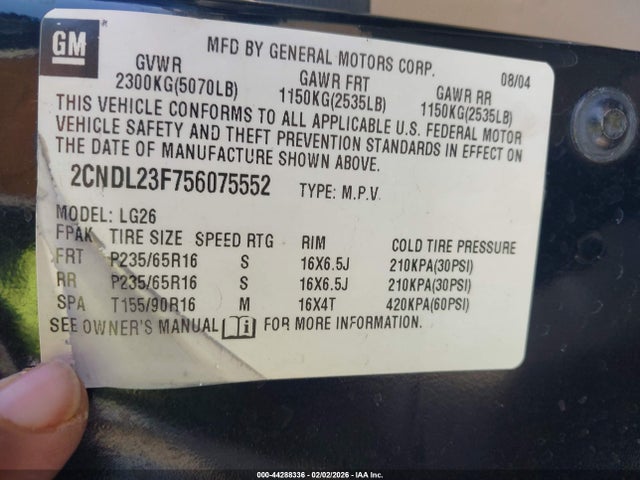 Продаж на аукціоні авто 2005 Chevrolet Equinox Ls, vin: 2CNDL23F756075552, номер лоту: 44288336