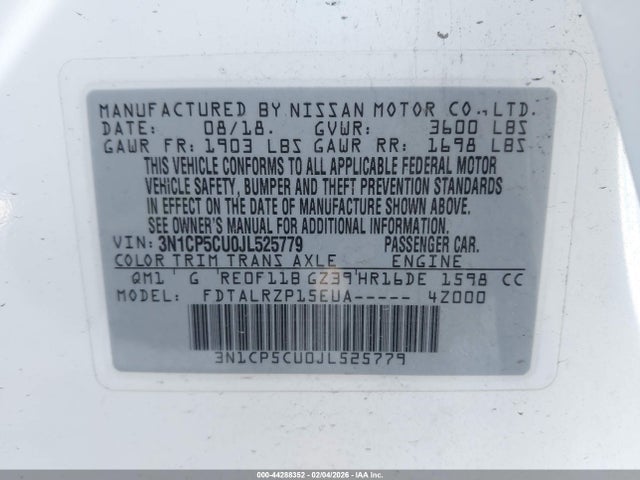 Продажа на аукционе авто 2018 Nissan Kicks S, vin: 3N1CP5CU0JL525779, номер лота: 44288352