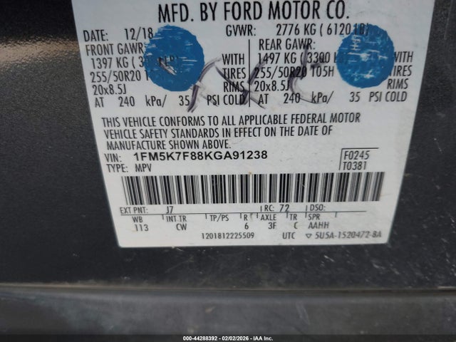 1FM5K7F88KGA91238 Ford Explorer Limited