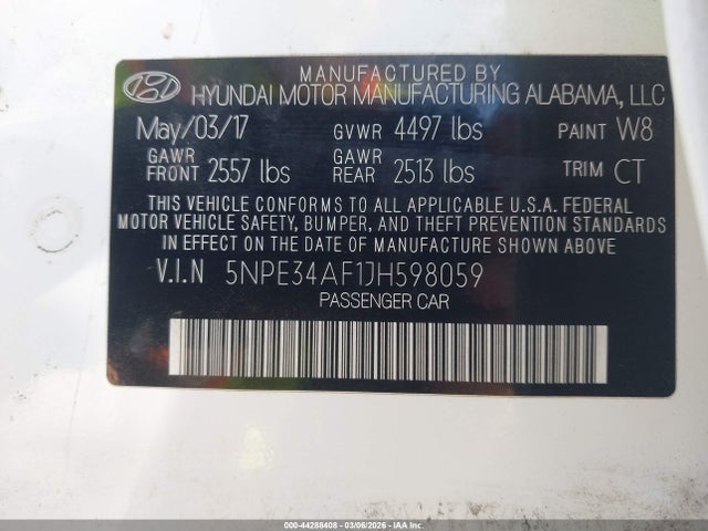 Aukcja sprzedaży 2018 Hyundai Sonata Sel, vin: 5NPE34AF1JH598059, numer aukcji: 44288408