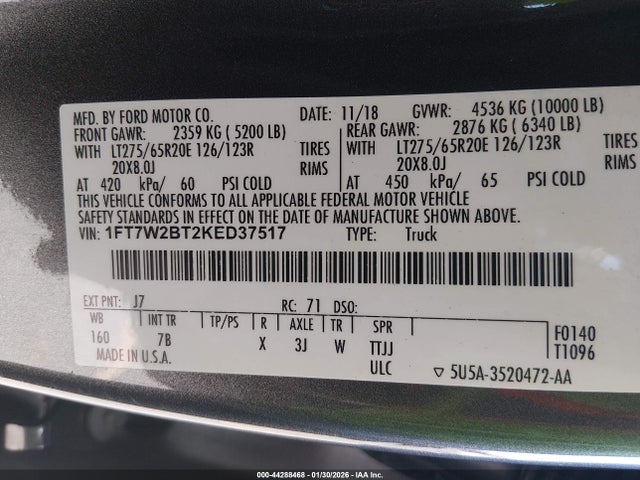 1FT7W2BT2KED37517 Ford F-250 Platinum