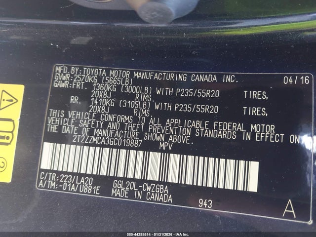 Продажа на аукционе авто 2016 Lexus Rx 350, vin: 2T2ZZMCA3GC019887, номер лота: 44288514