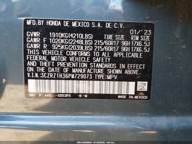 3CZRZ1H36PM729073 Honda Hr-v 2wd Lx