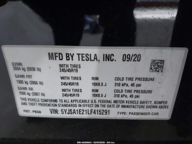 2020 TESLA MODEL S 5YJSA1E21LF415291 Photo 8