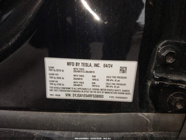 2024 Tesla Model S Long Range მანქანა იყიდება აუქციონზე, vin: 5YJSA1E54RF538893, აუქციონის ნომერი: 44288683