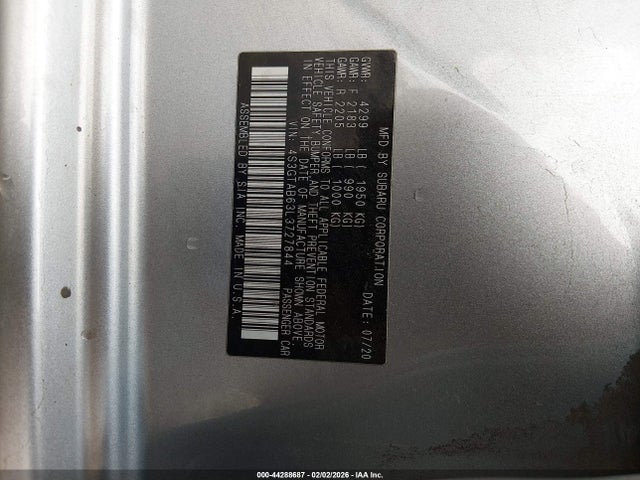 2020 Subaru Impreza 5-door მანქანა იყიდება აუქციონზე, vin: 4S3GTAB63L3727844, აუქციონის ნომერი: 44288687