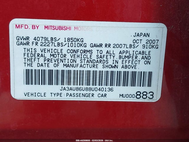 2008 MITSUBISHI LANCER JA3AU86U88U040136 Photo 8