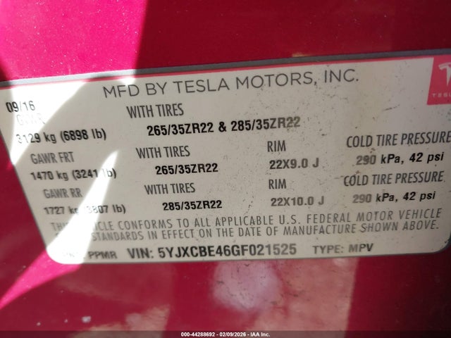 2016 TESLA MODEL X 5YJXCBE46GF021525 Photo 8