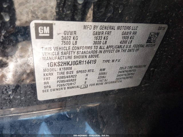 44288693 :رقم المزاد ، 1GKS2HKJ0GR114419 vin ، 2016 Gmc Yukon Xl Denali مزاد بيع