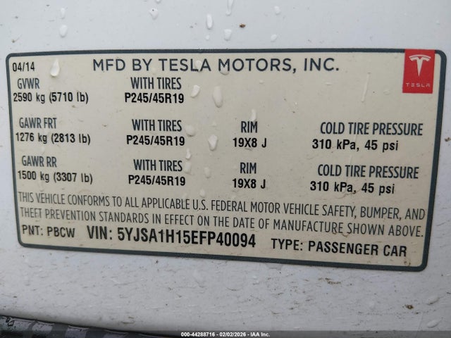 Продаж на аукціоні авто 2014 Tesla Model S P85, vin: 5YJSA1H15EFP40094, номер лоту: 44288716