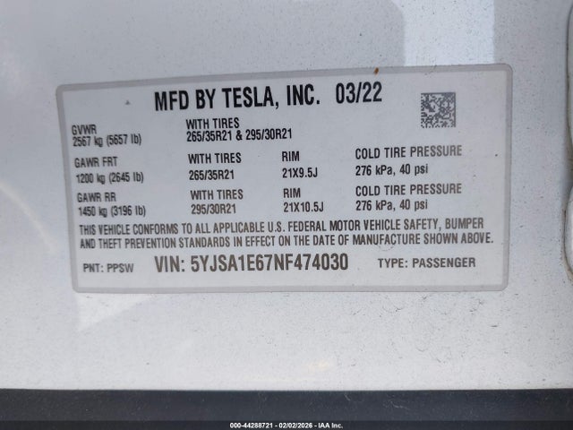 Aukcja sprzedaży 2022 Tesla Model S Plaid Tri Motor All-wheel Drive, vin: 5YJSA1E67NF474030, numer aukcji: 44288721