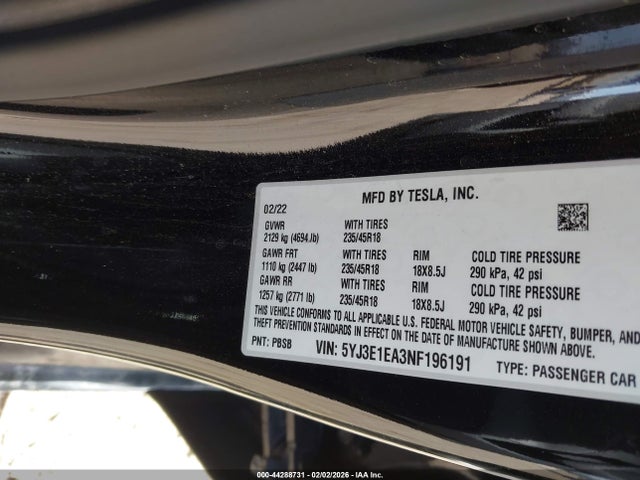 Продажа на аукционе авто 2022 Tesla Model 3 Rear-wheel Drive, vin: 5YJ3E1EA3NF196191, номер лота: 44288731