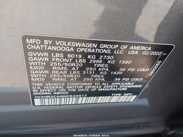 44288744 :رقم المزاد ، 1V2HR2CA9NC523417 vin ، 2022 Volkswagen Atlas 3.6l V6 Se W/technology مزاد بيع