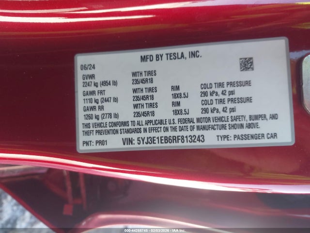 Aukcja sprzedaży 2024 Tesla Model 3 Long Range Dual Motor All-wheel Drive, vin: 5YJ3E1EB6RF813243, numer aukcji: 44288745