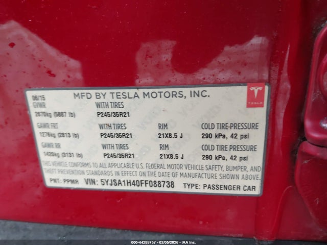 44288757 :رقم المزاد ، 5YJSA1H40FF088738 vin ، 2015 Tesla Model S 85d/p85d مزاد بيع