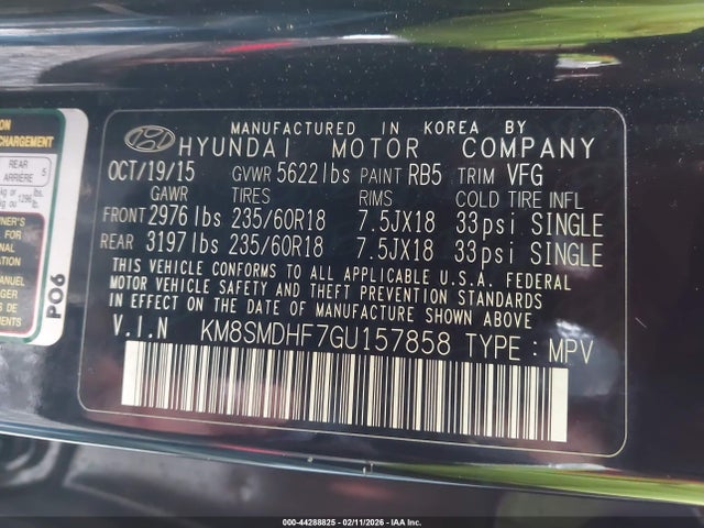 KM8SMDHF7GU157858 Hyundai Santa Fe Se