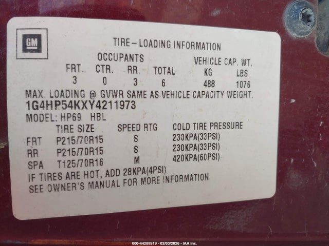 Aukcja sprzedaży 2000 Buick Lesabre Custom, vin: 1G4HP54KXY4211973, numer aukcji: 44288919