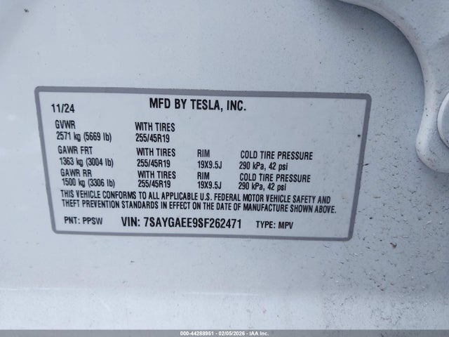 Aukcja sprzedaży 2025 Tesla Model Y Long Range Dual Motor All-wheel Drive, vin: 7SAYGAEE9SF262471, numer aukcji: 44288951