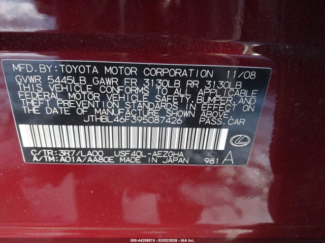 Продажа на аукционе авто 2009 Lexus Ls 460, vin: JTHBL46F395087426, номер лота: 44289074