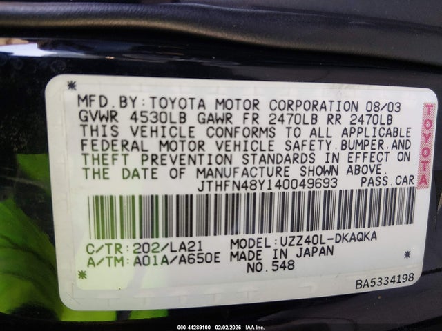 2004 LEXUS SC 430 JTHFN48Y140049693 Photo 8