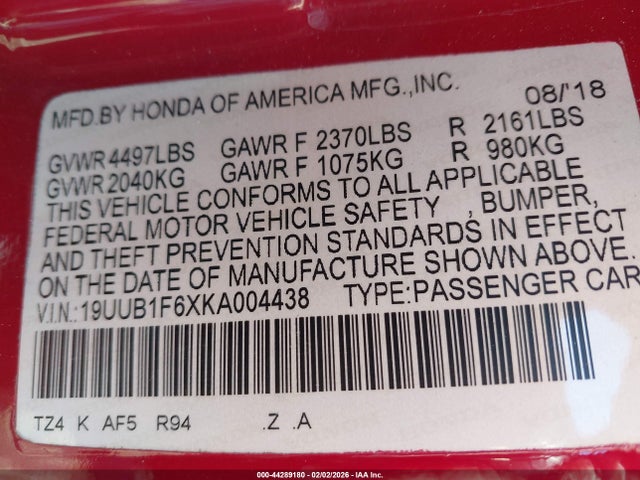 44289180 :رقم المزاد ، 19UUB1F6XKA004438 vin ، 2019 Acura Tlx مزاد بيع
