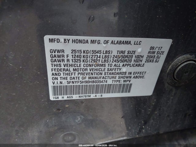 5FNYF5H90HB035474 Honda Pilot Touring