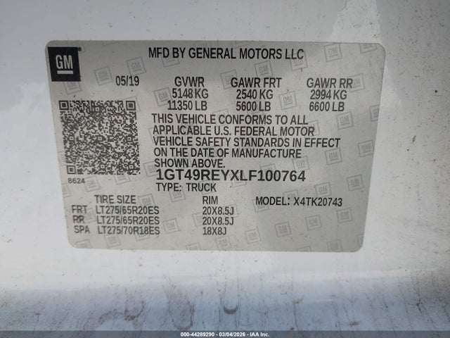 2020 Gmc Sierra 2500hd მანქანა იყიდება აუქციონზე, vin: 1GT49REYXLF100764, აუქციონის ნომერი: 44289290