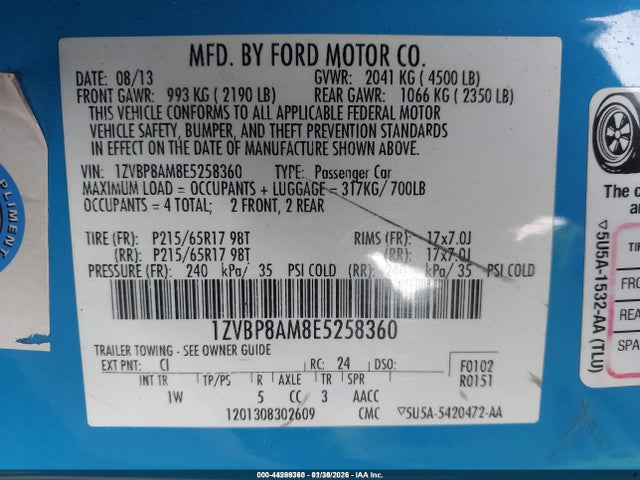 2014 Ford Mustang V6 მანქანა იყიდება აუქციონზე, vin: 1ZVBP8AM8E5258360, აუქციონის ნომერი: 44289360