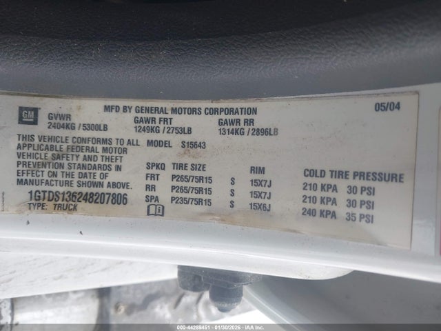 44289451 :رقم المزاد ، 1GTDS136248207806 vin ، 2004 Gmc Canyon Sle مزاد بيع