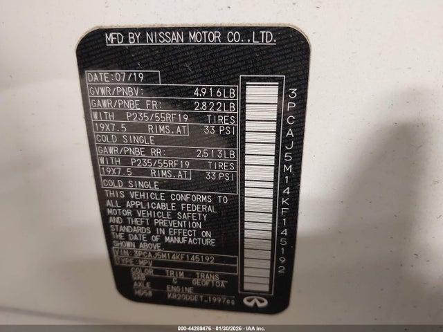 2019 Infiniti Qx50 Essential მანქანა იყიდება აუქციონზე, vin: 3PCAJ5M14KF145192, აუქციონის ნომერი: 44289476