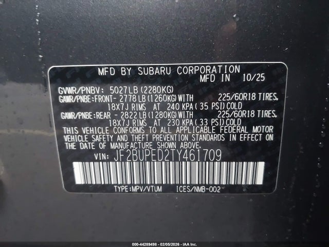 2026 Subaru Outback Touring მანქანა იყიდება აუქციონზე, vin: JF2BUPED2TY461709, აუქციონის ნომერი: 44289498