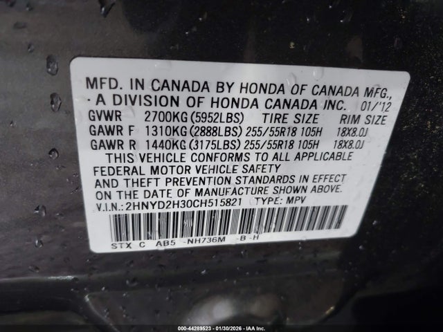 44289523 :رقم المزاد ، 2HNYD2H30CH515821 vin ، 2012 Acura Mdx Technology Package مزاد بيع