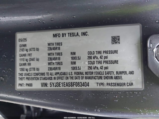 Продажа на аукционе авто 2025 Tesla Model 3 Long Range Rear-wheel Drive/standard Rear-wheel Drive, vin: 5YJ3E1EA5SF083404, номер лота: 44289558