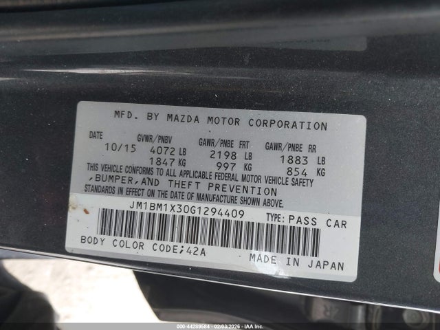 2016 Mazda Mazda3 S Grand Touring მანქანა იყიდება აუქციონზე, vin: JM1BM1X30G1294409, აუქციონის ნომერი: 44289584