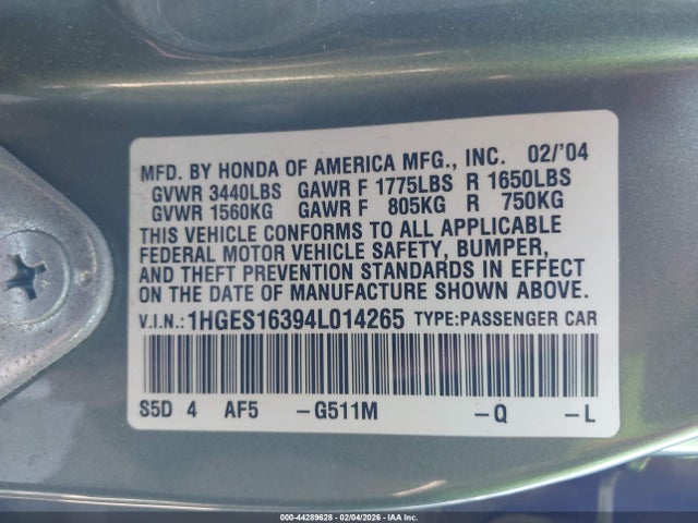 2004 HONDA CIVIC 1HGES16394L014265 Photo 8