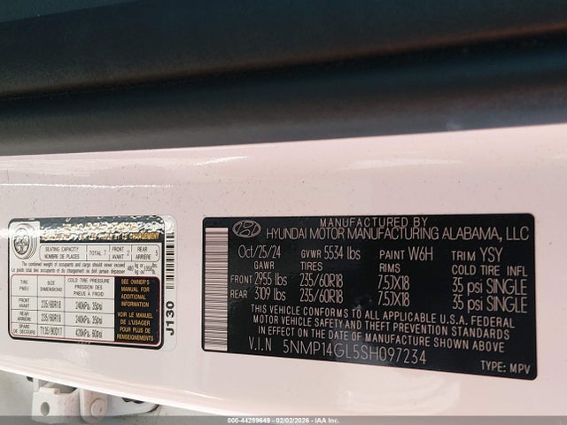 2025 Hyundai Santa Fe Se მანქანა იყიდება აუქციონზე, vin: 5NMP14GL5SH097234, აუქციონის ნომერი: 44289649