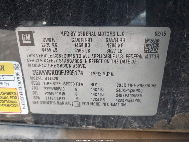 44289653 :رقم المزاد ، 5GAKVCKD0FJ305174 vin ، 2015 Buick Enclave Premium مزاد بيع