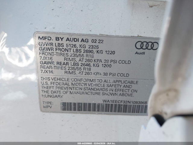 2022 Audi Q3 Premium Plus 45 Tfsi S Line Quattro Tiptronic მანქანა იყიდება აუქციონზე, vin: WA1EECF32N1093965, აუქციონის ნომერი: 44289665