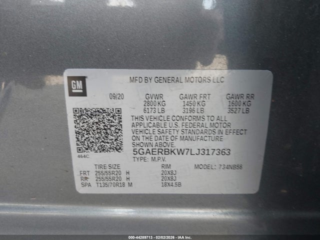 44289713 :رقم المزاد ، 5GAERBKW7LJ317363 vin ، 2020 Buick Enclave Fwd Essence مزاد بيع